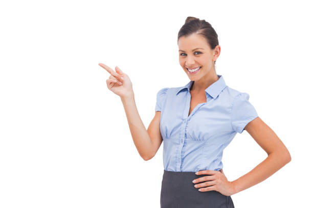 istock Cheerful businesswoman indicating something 827025304