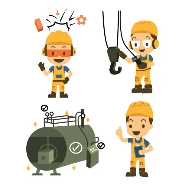 Vector illustration of Set of Character Constructor worker in various situations. Vector illustration