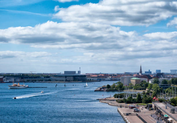 Copenhagen harbour with Langelinie on the right, where many tourists are walking: on the left, the Royal yacht ‘Dannebrog’ lies at anchor. Nearby, the famous ‘Little Mermaid’ statue can be seen, as well as Kastellet, an old star fortress. Copenhagen is the capital of Denmark and is on the island of Sjælland (Zealand).