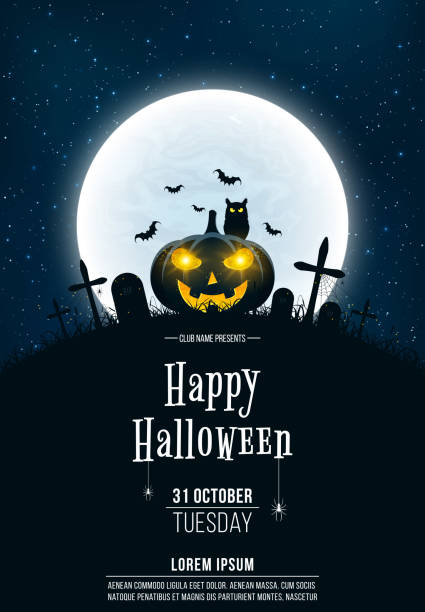 Template for Halloween party. A terrible concept of crosses, graves and a glowing pumpkin. Gold dust. The black owl. Full moon. Vertical background. Club poster. Vector illustration Template for Halloween party. A terrible concept of crosses, graves and a glowing pumpkin. Gold dust. The black owl. Full moon. Vertical background. Club poster halloween moon stock illustrations
