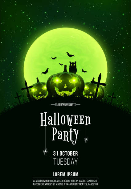 Template for Halloween party. A terrible concept of crosses, graves and glowing pumpkins. Green dust. The black owl. Full moon. Vertical background. Club poster. Vector illustration Template for Halloween party. A terrible concept of crosses, graves and glowing pumpkins. Green dust. The black owl. Full moon. Vertical background. Club poster halloween moon stock illustrations