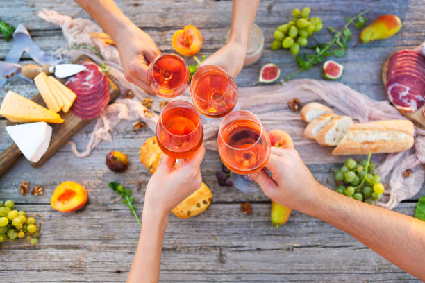 jóvenes haciendo tostadas en picnic con vino rosado - dining people women wine fotografías e imágenes de stock