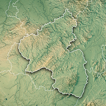 3D Render of a Topographic Map of the State of Rheinland-Pfalz, Germany.\nAll source data is in the public domain.\nColor texture: Made with Natural Earth. \nhttp://www.naturalearthdata.com/downloads/10m-raster-data/10m-cross-blend-hypso/\nBoundaries Level 1: Made with Natural Earth.\nhttp://www.naturalearthdata.com/downloads/10m-cultural-vectors/\nBoundaries Level 0: Humanitarian Information Unit HIU, U.S. Department of State (database: LSIB)\nhttp://geonode.state.gov/layers/geonode%3ALSIB7a_Gen\nRelief texture and Rivers: SRTM data courtesy of USGS. URL of source image: \nhttps://e4ftl01.cr.usgs.gov//MODV6_Dal_D/SRTM/SRTMGL1.003/2000.02.11/\nWater texture: SRTM Water Body SWDB:\nhttps://dds.cr.usgs.gov/srtm/version2_1/SWBD/