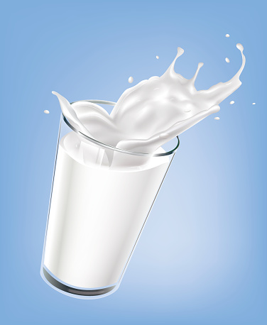 Milk splash in a glass on blue background. Vector 3d illustration.