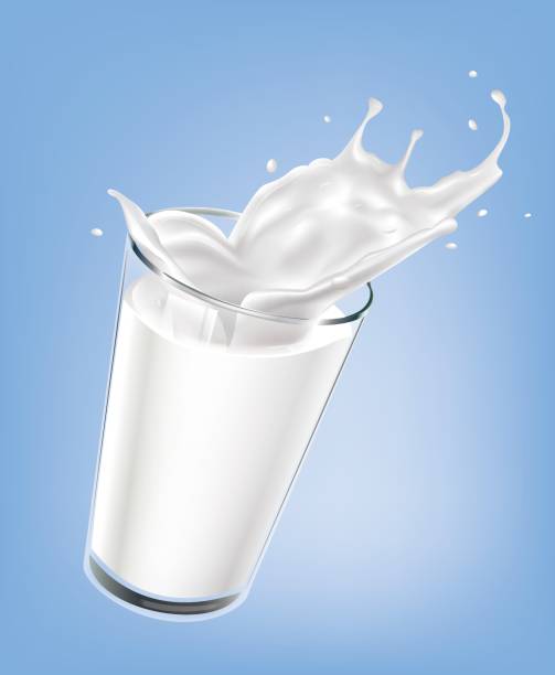 Milk splash in a glass Milk splash in a glass on blue background. Vector 3d illustration. drinking glass stock illustrations