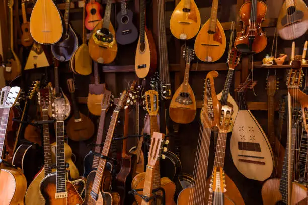 musical instruments shop in warm orange and brown colors
