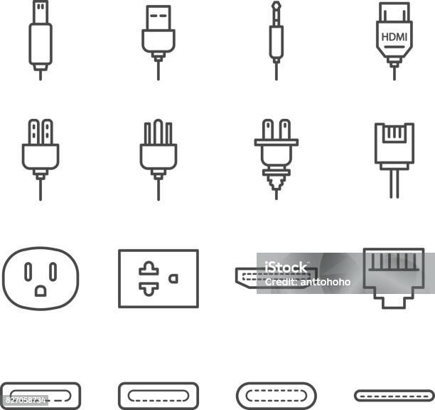 Fiche Et Prise Ligne Jeu Dicônes Inclus Les Icônes Comme La Fiche Électrique Usb Prise Prise Dentrée Audio Prise Et Plus Encore Vecteurs libres de droits et plus d'images vectorielles de Câble