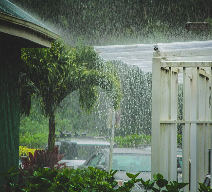 Beautiful heavy tropical rain storm on the island of Kauai in Princeville, Hawaii