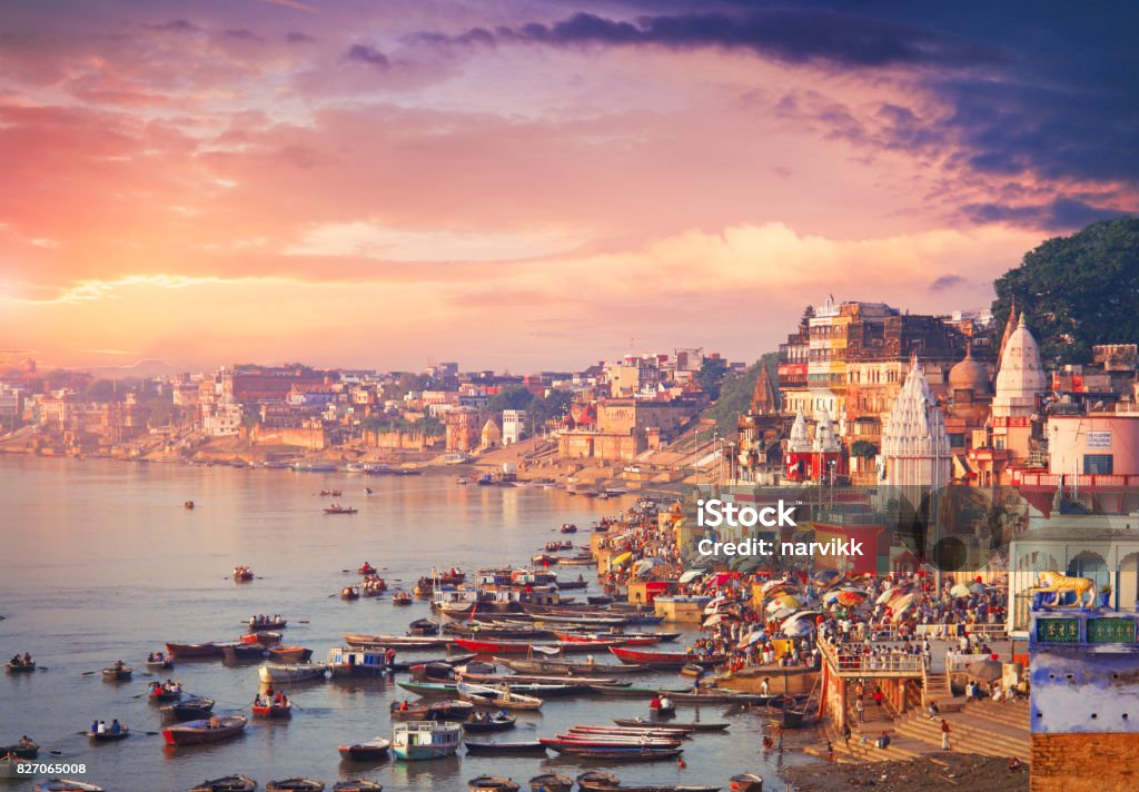 Holy town Varanasi and the river Ganges Holy town Varanasi and bank of the Ganges river with ghats India Stock Photo