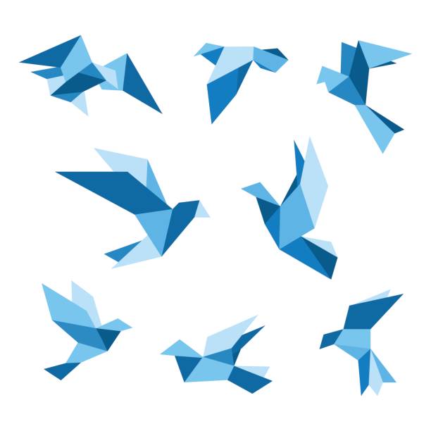 ilustrações, clipart, desenhos animados e ícones de azul voando pombo e pomba conjunto de aves, isolado no branco. estilo poligonal de pombo. ilustração em vetor. - origami