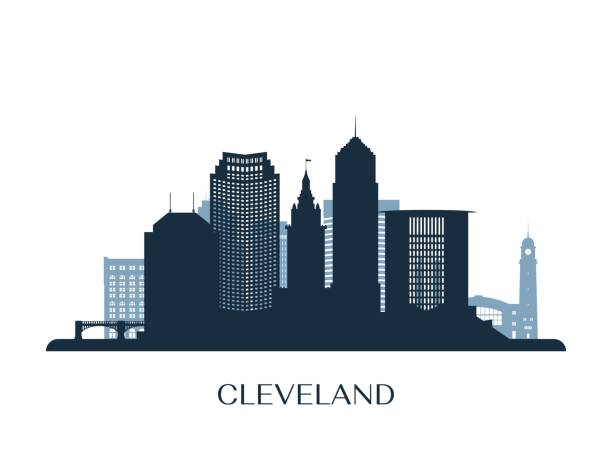 ilustrações de stock, clip art, desenhos animados e ícones de cleveland skyline, monochrome silhouette. vector illustration. - cleveland