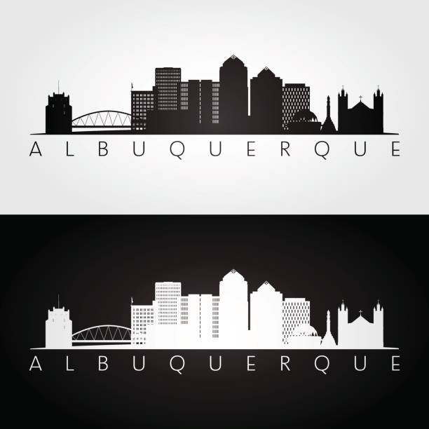 illustrazioni stock, clip art, cartoni animati e icone di tendenza di skyline e punti di riferimento albuquerque usa silhouette, design in bianco e nero, illustrazione vettoriale. - house residential structure southwest usa albuquerque