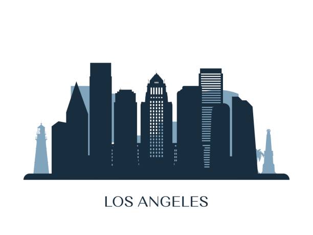 ilustrações de stock, clip art, desenhos animados e ícones de los angeles skyline, monochrome silhouette. vector illustration. - city of los angeles los angeles county downtown district cityscape