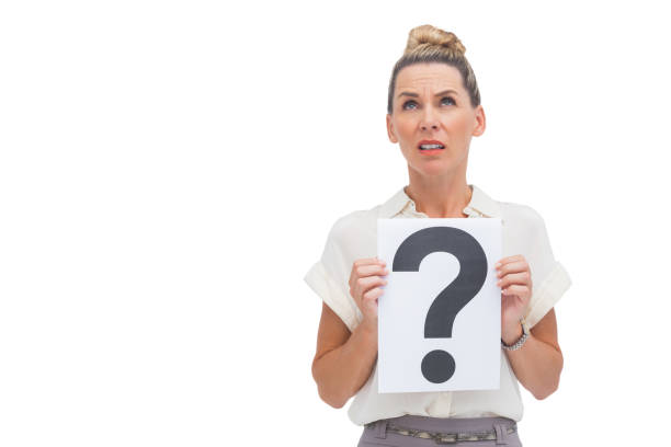 istock Confused businesswoman with question mark 827069272