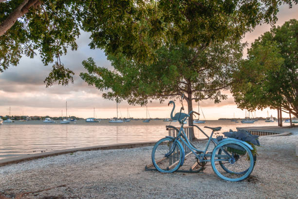 Blue bicycle on beach stock photo