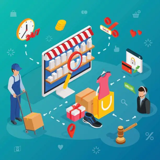 Vector illustration of Online shopping with delivery service and customer support chat service.