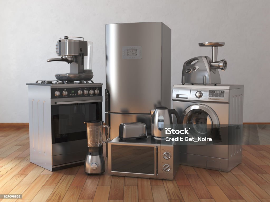 Home appliances. Household kitchen technics in the empty room Home appliances. Household kitchen technics in the empty room. 3d illustration Appliance Stock Photo