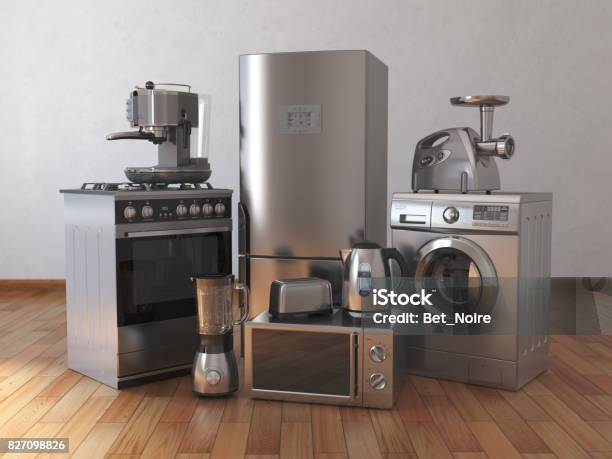 Home Appliances Household Kitchen Technics In The Empty Room Stock Photo - Download Image Now