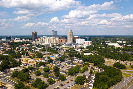 Aerial view of downtown Raleigh, North Carolina and surrounding area.