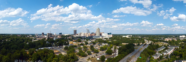 Aerial panoramic view of downtown Raleigh, North Carolina and surrounding area.