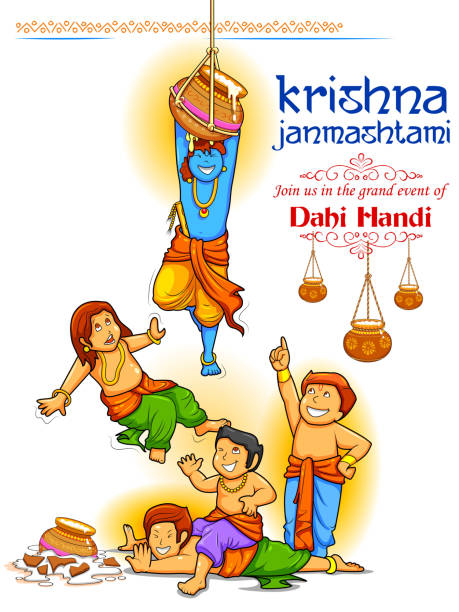 Lord Krishna in Happy Janmashtami festival of India illustration of Lord Krishna in Happy Janmashtami festival background of India Krishna Janmashtami  stock illustrations