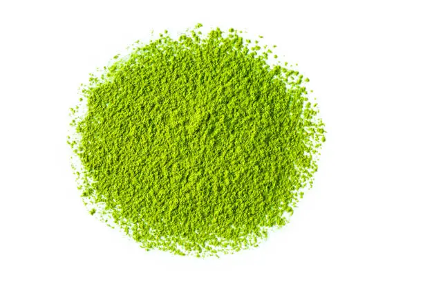green matcha tea powder isolated on white background