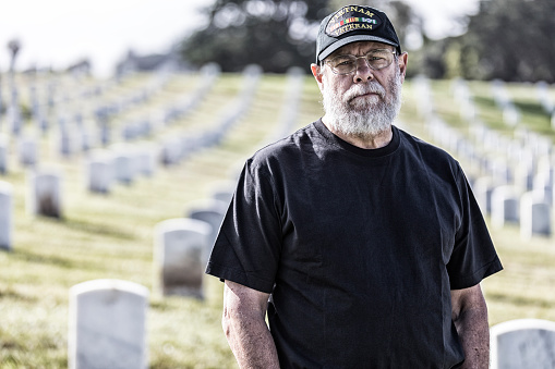 Vietnam War USA Navy Veteran Mourning at Military Cemetery