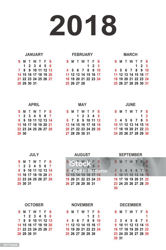 Calendar 2018 year vector design template Calendar 2018 year vector design template. Simple 2018 year calendar.  Vector circle calendar 2018. Week starts from Sunday and ends  with Saturday. Font Arial sans serif bold  style on gray background Backgrounds stock vector