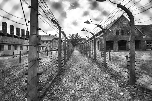 Barracks and barbed wire in a concentration camp in Auschwitz (Poland).Museum Auschwitz - Birkenau.Barbed wire around a concentration camp.
