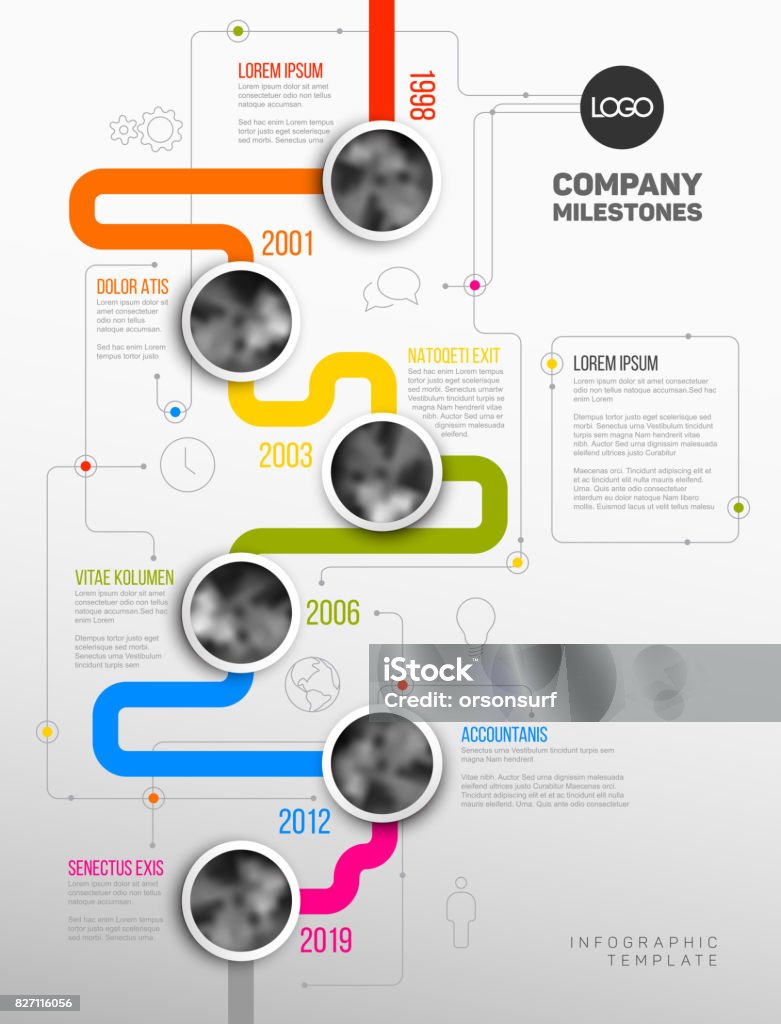 Vector Infographic Company Milestones Timeline Template Vector Infographic Company Milestones Timeline Template with circle photo placeholders on colorful line - vertical version Timeline - Visual Aid stock vector