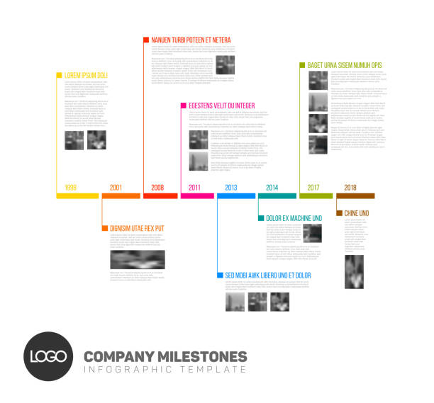 Vector Infographic timeline report template Vector Infographic timeline report template with the biggest milestones, icons, years and color buttons timeline visual aid stock illustrations