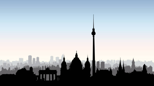 ilustrações de stock, clip art, desenhos animados e ícones de berlin city buildings silhouette. german urban landscape. berlin cityscape with landmarks. travel germany skyline background. - berlin germany skyline silhouette brandenburg gate