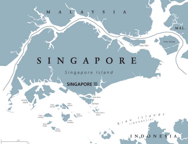 Singapore political map Singapore political map with English labeling. Republic and sovereign state in Southeast Asia. Sometimes called Lion City, Garden City or Little Red Dot. Gray illustration on white background. Vector. singapore map stock illustrations