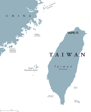 Taiwan political map with capital Taipei. English labeling. Officially the Republic of China, ROC, a state in East Asia on the island of Taiwan, formerly known as Formosa. Gray illustration. Vector.