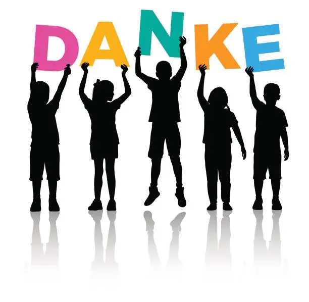 Vector illustration of Children Silhouette holding letters colored of the word DANKE