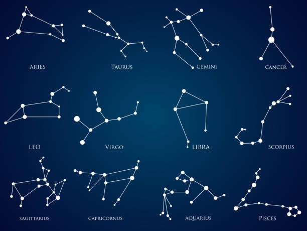ilustraciones, imágenes clip art, dibujos animados e iconos de stock de conjunto de las constelaciones del zodiaco - leo