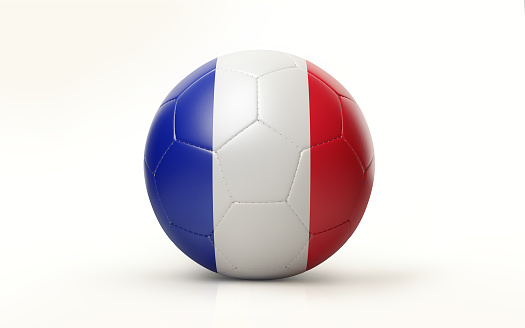 Photorealistic 3d render of a soccer ball textured with French flag isolated on white background. Soccer ball is lit by the upper left corner of the composition and casting shadows on white ground. Horizontal composition with copy space. Clipping path is included.