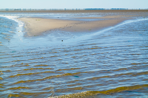 Panorama of mud and sand flats, mirage and rippling shallow water at low tide on Waddensea, Netherlands
