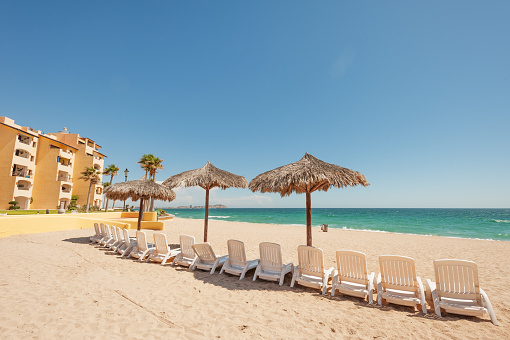 Hotels and pristine sandy beach in Puerto Penasco, Mexico