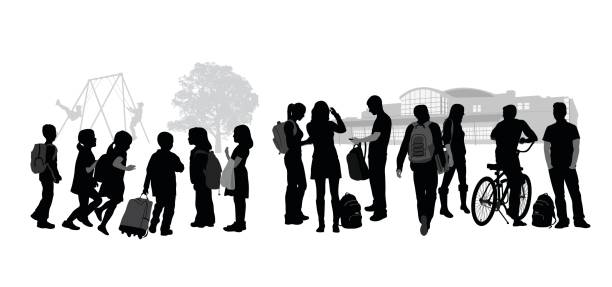 Beginning And End Of School Silhouette vector illustration of a variety of students, children and teenagers going back to school adolescence illustrations stock illustrations