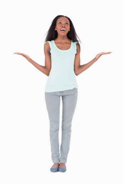 istock Desperate woman asking for help from above on white background 827158120