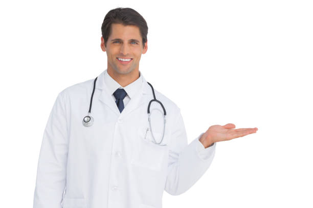 istock Happy doctor showing something and smiling 827158638