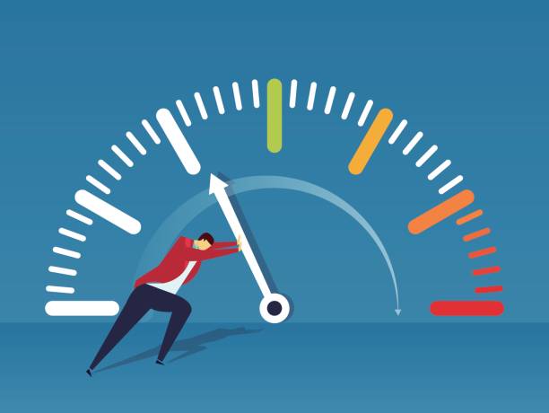 biznesmen próbuje pchać do maksymalnej wartości energetycznej - dial stock illustrations