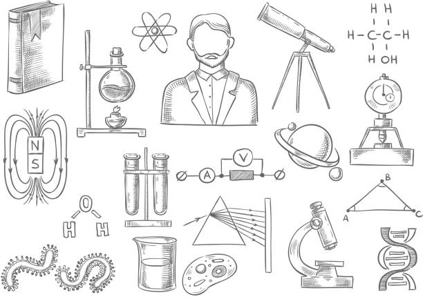 Scientific items. Vector sketch isolated icons Vector sketch isolated icons. Science and research items of telescope, scientist book, atom and DNA helix , magnet, chemical test flask, globe planet model, prism light and geometry formula, bacterium and cell in microscope, electric circuit scientific method drawings stock illustrations