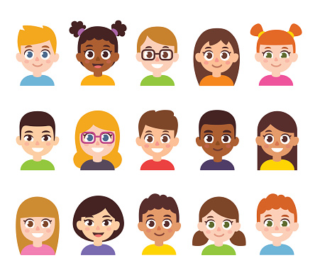 Cartoon children avatar set. Cute diverse kids faces, vector clipart illustration.