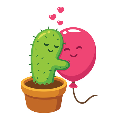Cute cartoon cactus and balloon hug, vector drawing. Love hurts, funny Valentine's day illustration.