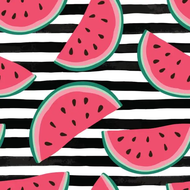 Vector illustration of Seamless background with watermelon slices on black and white watercolor stripes. Vector illustration.
