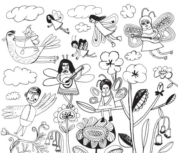 Vector illustration of Fairies, butterflies, birds and flowers