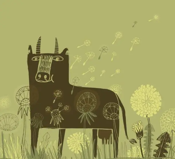 Vector illustration of Cow and dandelions