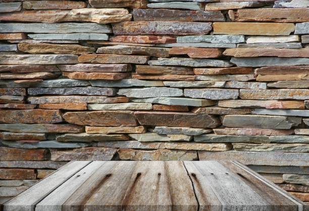 istock top wooden shelves empty and blurred  stone wall background. for product display 827191092